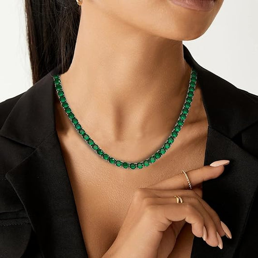 Luxury Round Cut Green Emerald Necklace – Women’s Tennis Style Jewelry