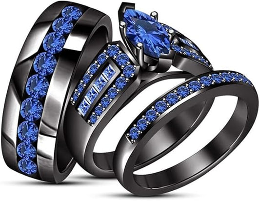 Marquise Sapphire Trio Ring Set – For the Couple Who Loves Uniqueness