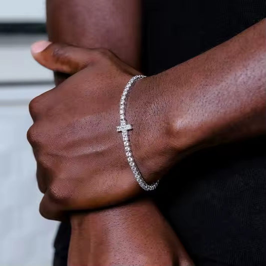 Prong-Set Round and Princess Cut Diamond Cross Tennis Bracelet for Men in Silver