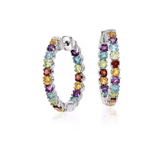 Dazzling Multi-Color Sapphire Hoop Earrings for Women - Vibrant Sophistication