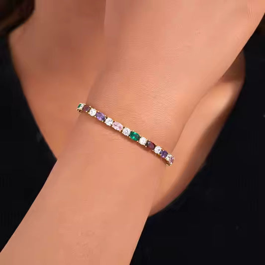 Multi Color Oval Cut Gems Stone 925 Sterling Silver Tennis Women's Bracelet