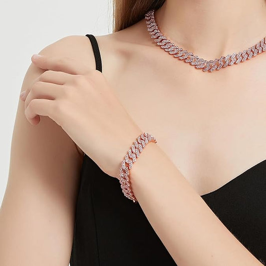 Elegant Moissanite Cuban Necklace for Women – Round Cut, Rose Gold Shine