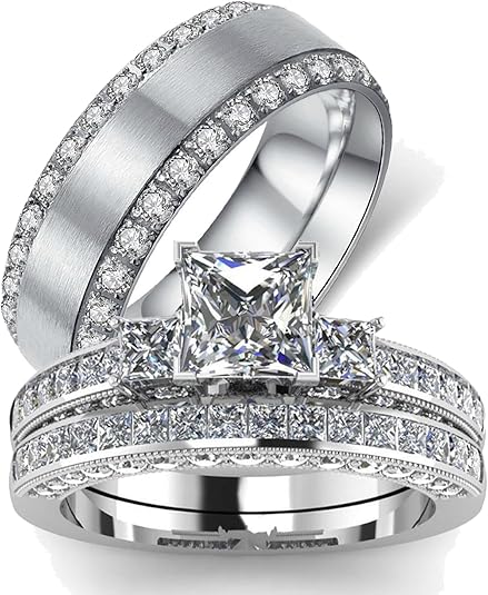 Matching Princess Cut Diamond Trio Ring Set for Him and Her