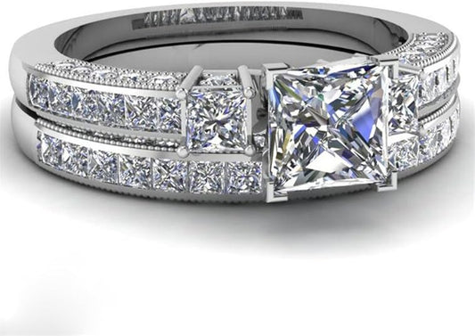 Matching Princess Cut Diamond Trio Ring Set for Him and Her