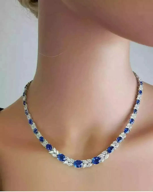 Stunning Oval-Cut Blue Sapphire Tennis Necklace for Women