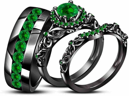 Classic Round Cut Green Emerald Wedding Trio Ring Set – Sophistication Redefined
