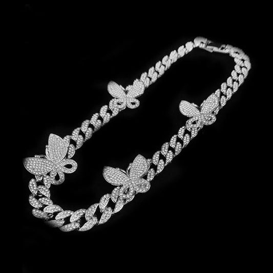 Charming Butterfly Shape Cuban Necklace – White Gold Plated for Women