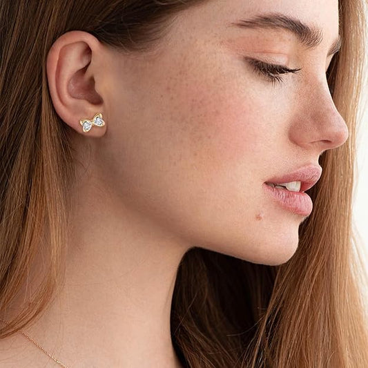 Womenβs Heart Shaped Diamond Bow Knot Stud Earrings β Classic and Stylish