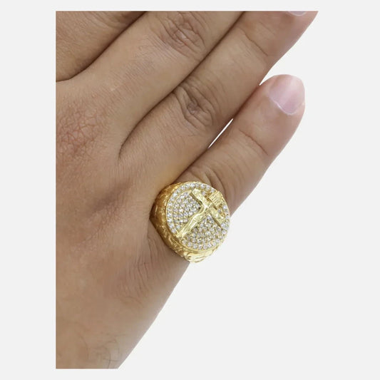 14K Yellow Gold Plated Ring Real Moissanite Men's Ring Cross Jesus Rapper Ring