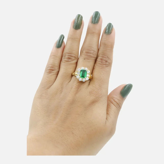 Green Emerald & Diamond 14K Yellow Gold Plated Flower Cluster Ring