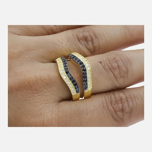 14K Yellow Gold Over Black And White Diamond Wedding Wrap Ring