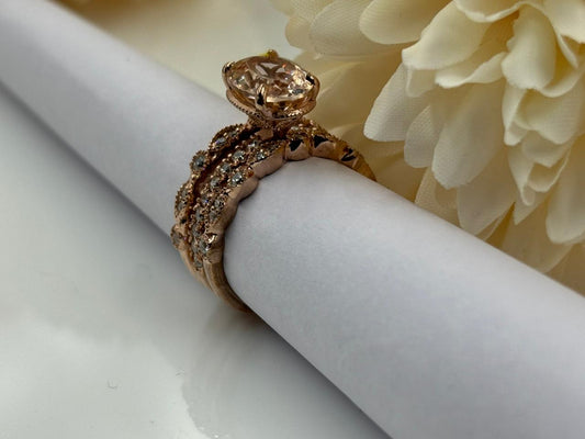 Morganite Three Band Ring Set β Elegant Rose Gold & Silver Stacking Rings