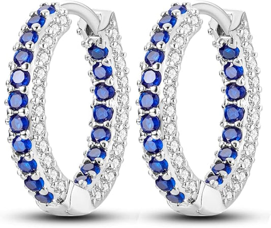 Blue Sapphire Hoop Earrings for Women - Elegant Round Design