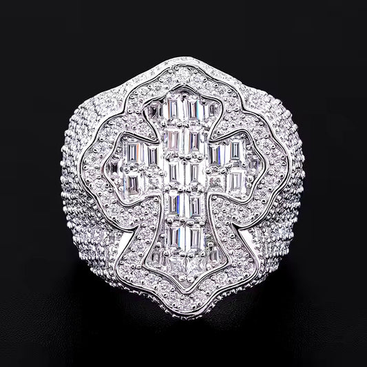Custom Hip Hop Cross Ring with Real Moissanite Diamonds in Silver
