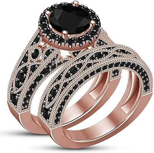 Luxurious Black Diamond Bridal Ring Set – Round Cut Designer Perfection