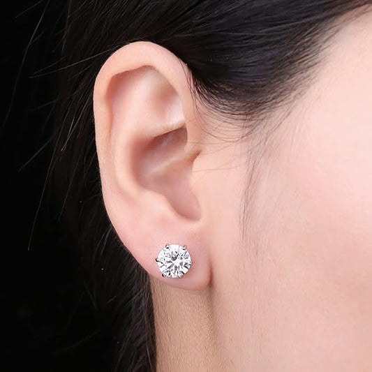7mm Round-Cut Diamond Stud Earrings with 6-Prong Setting in 925 Sterling Silver – Classic and Timeless Jewelry