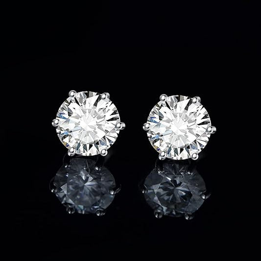 7mm Round-Cut Diamond Stud Earrings with 6-Prong Setting in 925 Sterling Silver – Classic and Timeless Jewelry