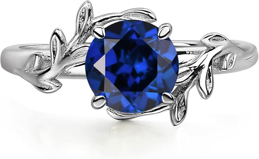 Midnight Bloom: Round Blue Sapphire Leaf Engagement Ring