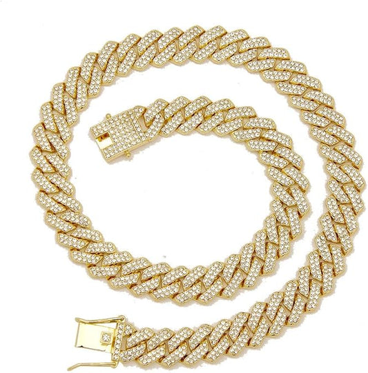 Men’s Bling Miami Cuban Chain – Round Cut Moissanite, Gold Plated Necklace