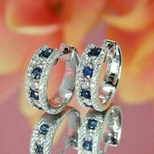 Classic Blue Sapphire & Diamond Hoop Earrings – Elegant & Stylish