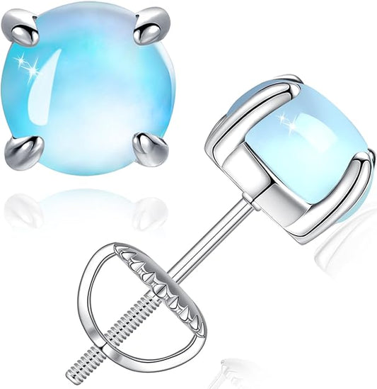 Classic Blue Moonstone Round Stud Earrings for Women β Secure Screw Back
