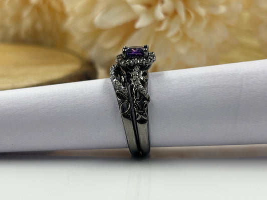 Exquisite Purple Amethyst & White Diamond Bridal Set Ring in Sterling Silver – Elegant Gemstone Engagement & Wedding Band