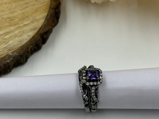 Exquisite Purple Amethyst & White Diamond Bridal Set Ring in Sterling Silver – Elegant Gemstone Engagement & Wedding Band