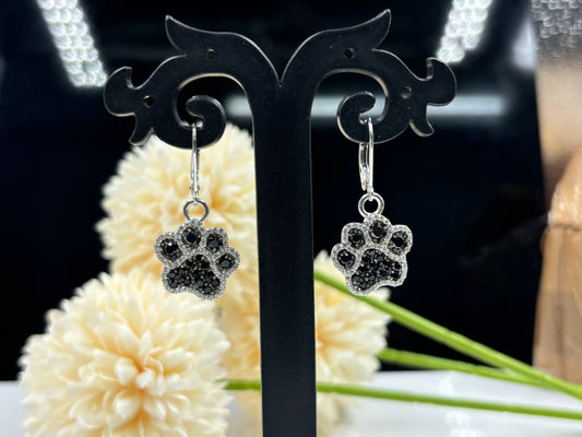 Dog Paw Black Diamond Drop & Dangle Earrings in Sterling Silver