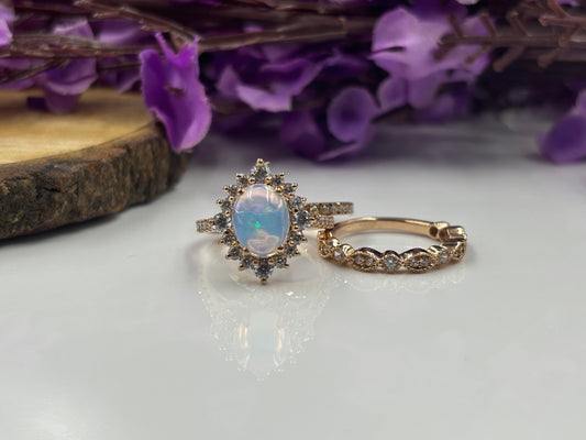 Unique Oval Cut Fire Opal Bridal Set β Stunning Opal Engagement & Wedding Ring Set