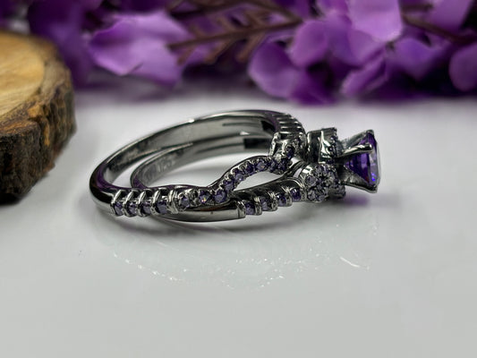 Elegant Round Cut Purple Amethyst Bridal Ring Set - Timeless Engagement & Wedding Band Duo