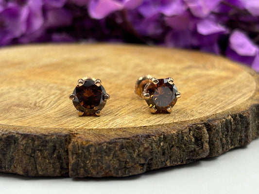 8MM Chocolate Brown Diamond Earrings in Rose Gold over Sterling Silver with 6-Prong Setting