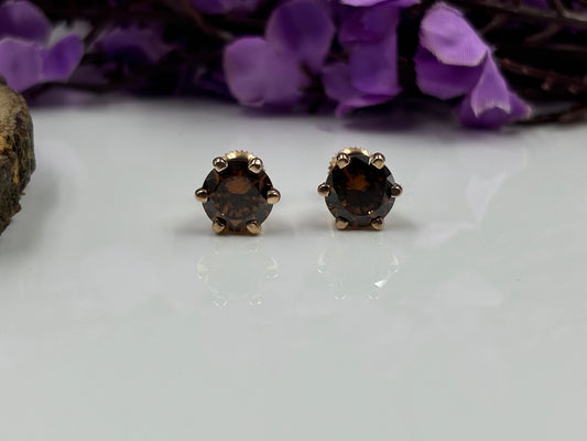 8MM Chocolate Brown Diamond Earrings in Rose Gold over Sterling Silver with 6-Prong Setting