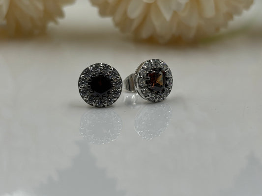 5MM Round Cut Brown Diamond Halo Stud Earrings - 925 Sterling Silver, Push Back Design