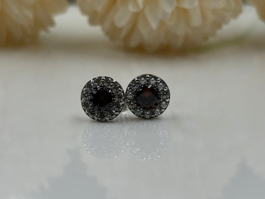 5MM Round Cut Brown Diamond Halo Stud Earrings - 925 Sterling Silver, Push Back Design