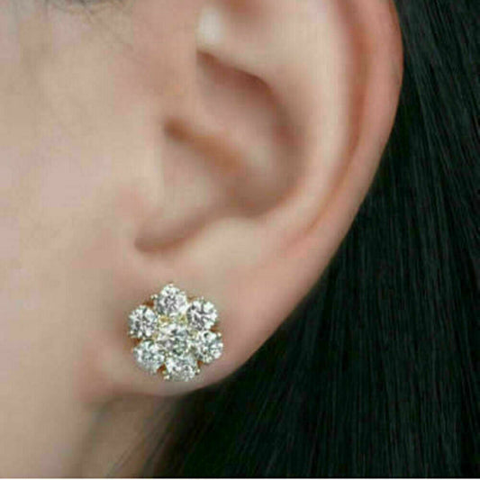 2 Carat Diamond Cluster Push Back Yellow Gold Silver Studs Earrings