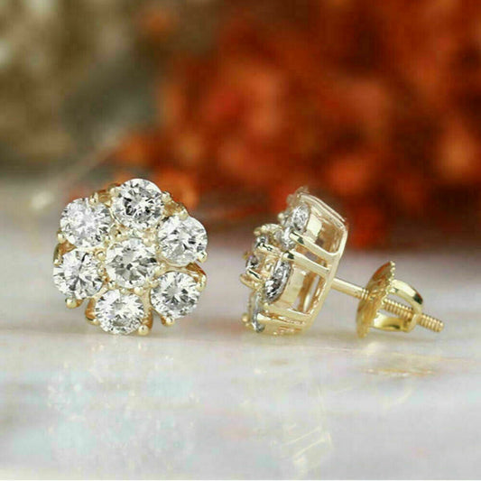 2 Carat Diamond Cluster Push Back Yellow Gold Silver Studs Earrings