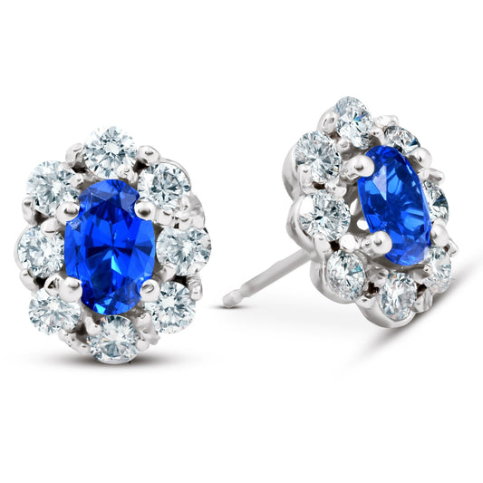 3.10 Ct Blue Sapphire And Diamond Halo Studs 14k White Gold Plated Silver