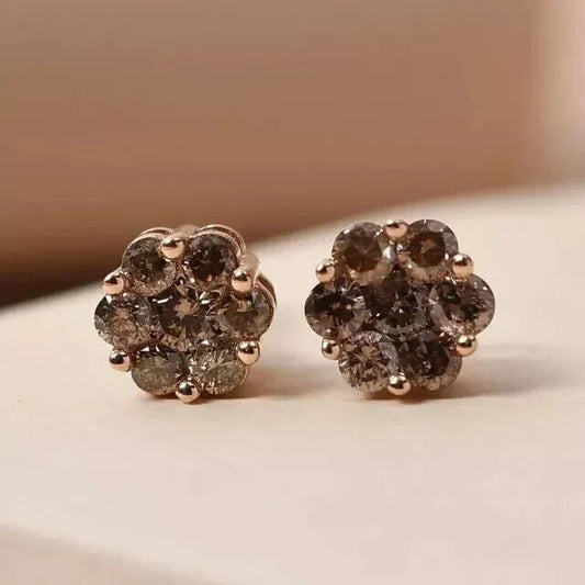 Brown diamond Cluster Push Back 925 Sterling Silver Studs Earrings