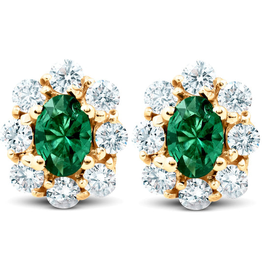 4Ct Oval Cut Emerald And Diamond Halo Studs 14k Yellow Gold Finish