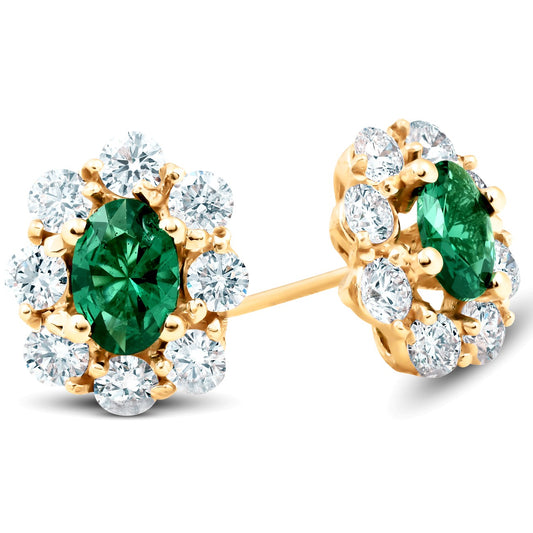 4Ct Oval Cut Emerald And Diamond Halo Studs 14k Yellow Gold Finish