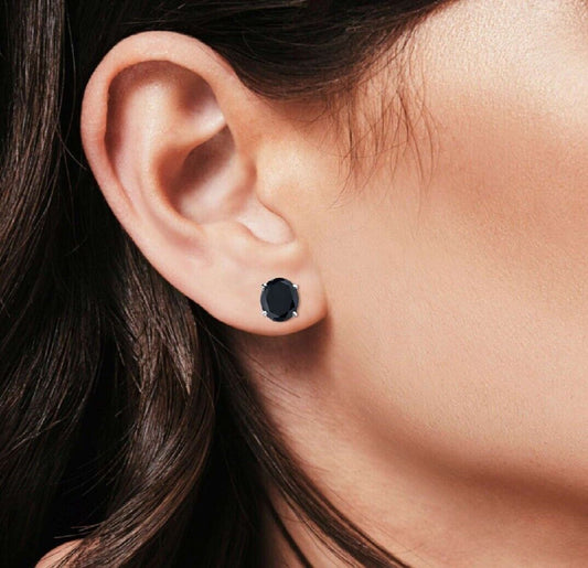 7mm Black Diamond Stud Earrings in 925 Sterling Silver with Secure Screw Back – Bold and Elegant Jewelry