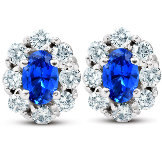 3.10 Ct Blue Sapphire And Diamond Halo Studs 14k White Gold Plated Silver