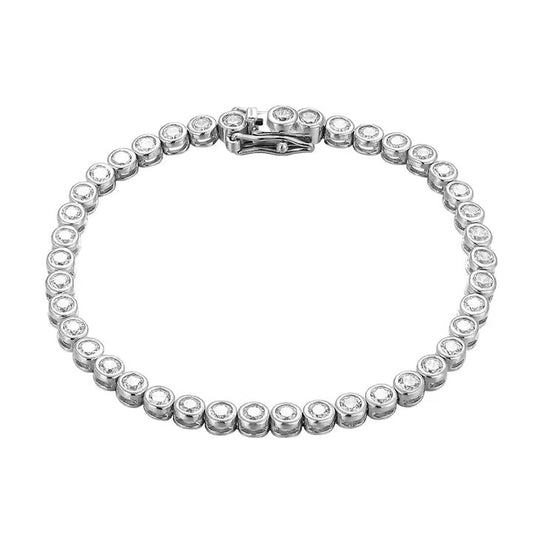 Bezel Setting Round Cut Diamond Tennis Wedding White Gold Silver Bracelet