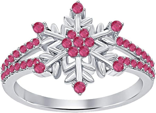 Snowflake Ruby Christmas Ring - Timeless Round Cut Elegance