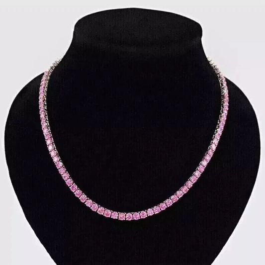Round Cut Pink Sapphire Tennis Necklace for Women – Elegant Gemstone Jewelry