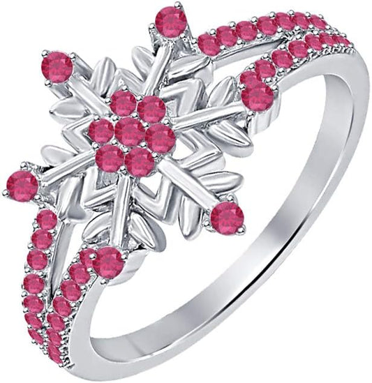 Snowflake Ruby Christmas Ring - Timeless Round Cut Elegance