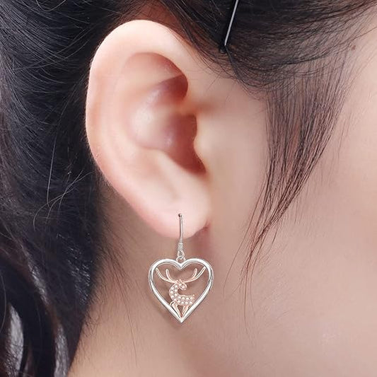 Heart-Shaped Round Cut Diamond Drop Earrings – Two-Tone Silver Plated