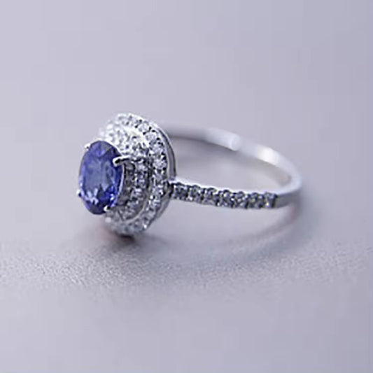 Tanzanite Gemstone Wedding Ring Diamond Engagement white Gold Finish Halo Ring