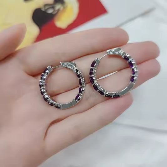 Elegant Round-Cut Purple Amethyst Hoop Earrings for Women - Timeless Beauty