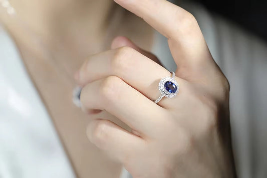 Tanzanite Gemstone Wedding Ring Diamond Engagement white Gold Finish Halo Ring